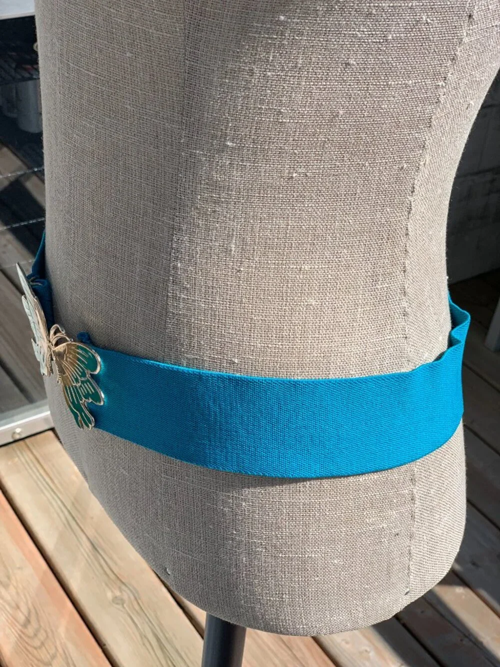Vintage Wide Statement Cinch Waist Belt M Blue Elastic Gold Butterfly Buckle 90s